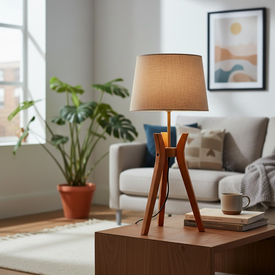 Cyris- bordslampa av trä med tygskärm